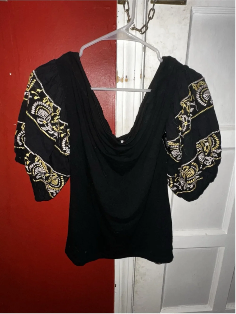 Free People Rock With It Embroidered Puff Sleeve Off Shoulder Top Shirt Medium